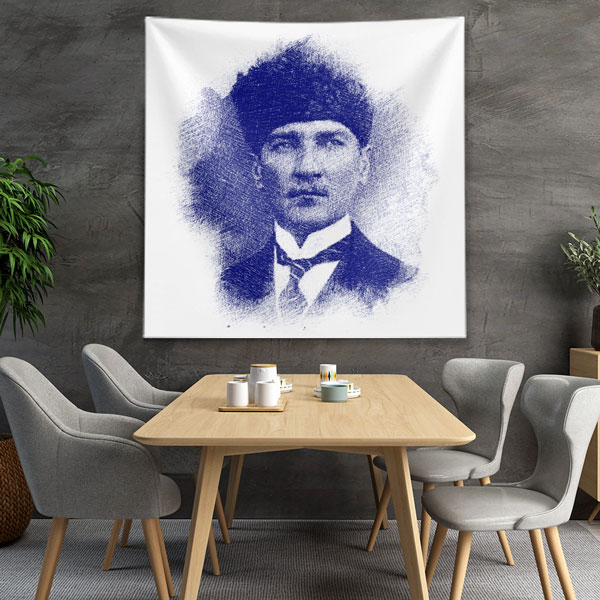 Atatürk Mavi Eskiz Portre Duvar Örtüsü Kumaş Baskı 6220