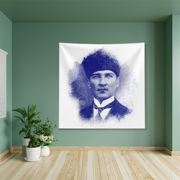 Atatürk Mavi Eskiz Portre Duvar Örtüsü Kumaş Baskı 6220