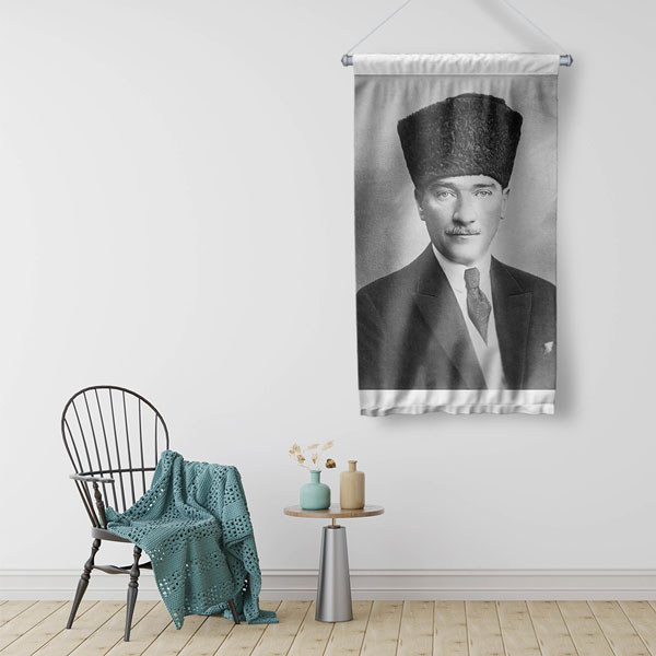Atatürk Siyah Beyaz Portre Duvar Flaması Kumaş Baskı 6234
