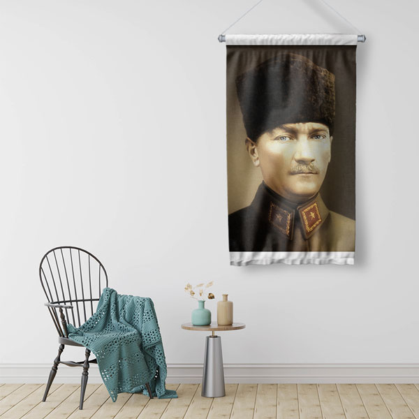 Atatürk Üniformalı Portre Duvar Flaması Kumaş Baskı 6224