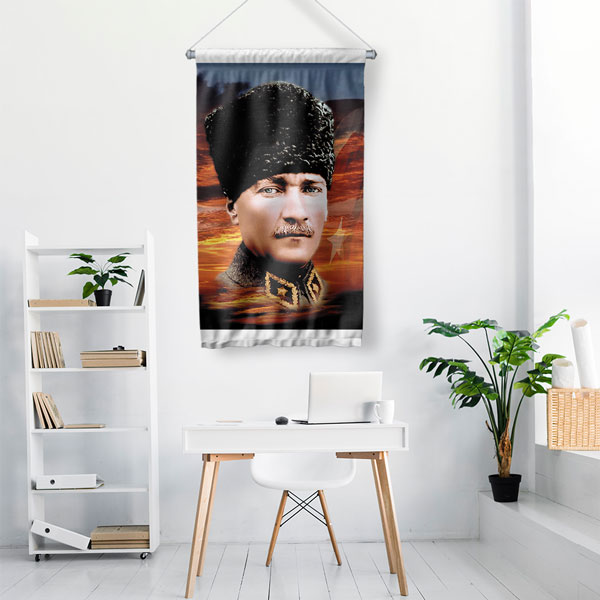 Atatürk Askeri Üniformalı Duvar Flaması Kumaş Baskı 6231