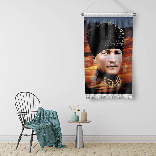 Atatürk Askeri Üniformalı Duvar Flaması Kumaş Baskı 6231