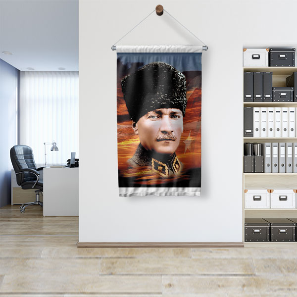 Atatürk Askeri Üniformalı Duvar Flaması Kumaş Baskı 6231