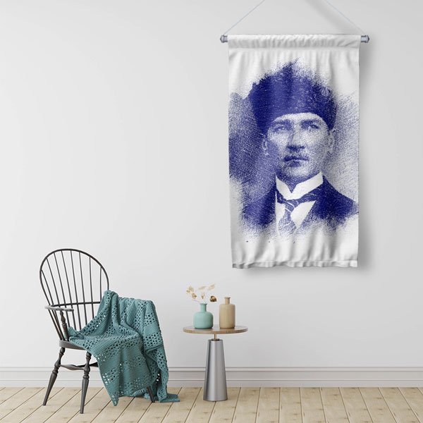 Atatürk Mavi Eskiz Portre Duvar Flaması Kumaş Baskı 6235