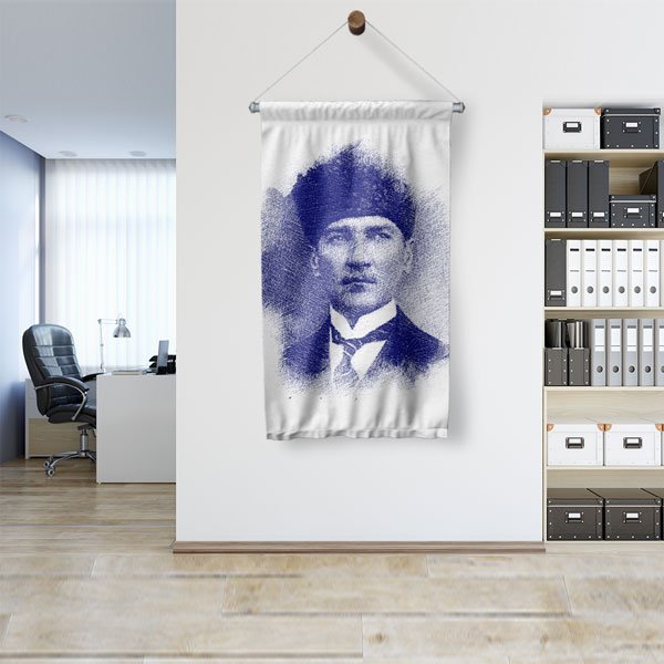 Atatürk Mavi Eskiz Portre Duvar Flaması Kumaş Baskı 6235