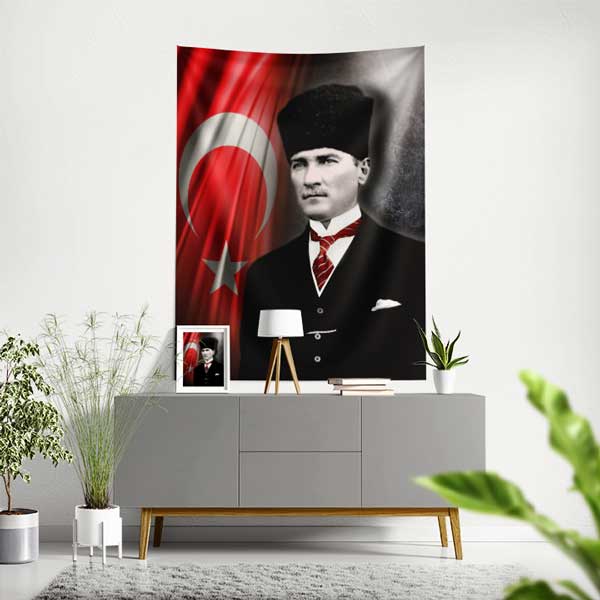 Atatürk Türk Bayraklı Portre Duvar Flaması Kumaş Baskı 14330
