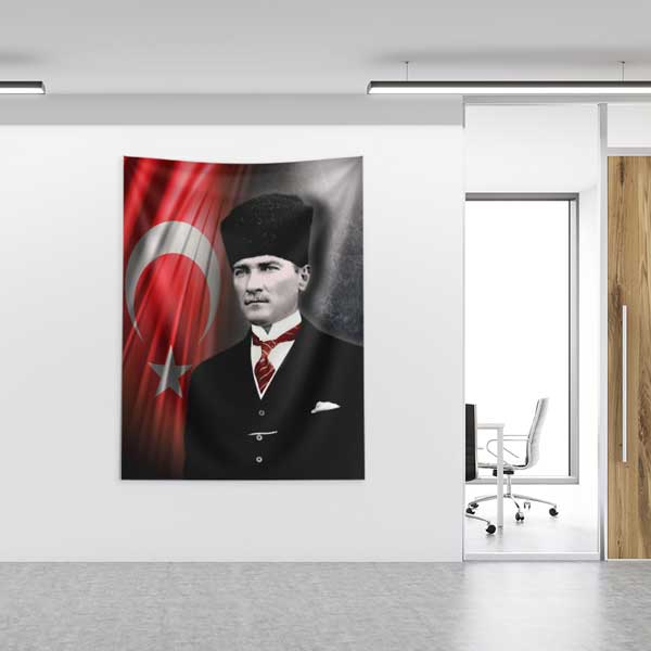 Atatürk Türk Bayraklı Portre Duvar Flaması Kumaş Baskı 14330