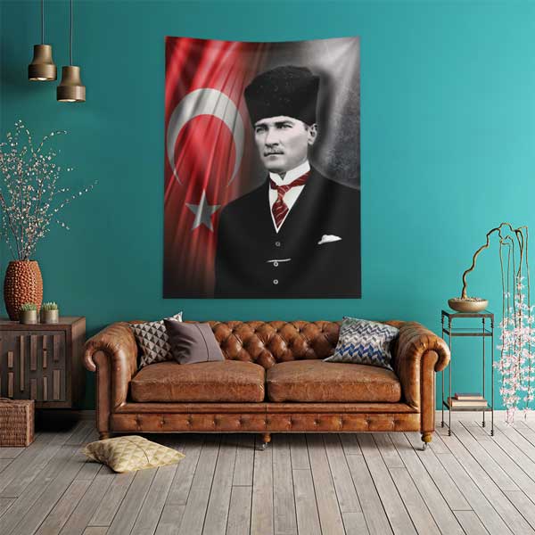 Atatürk Türk Bayraklı Portre Duvar Flaması Kumaş Baskı 14330