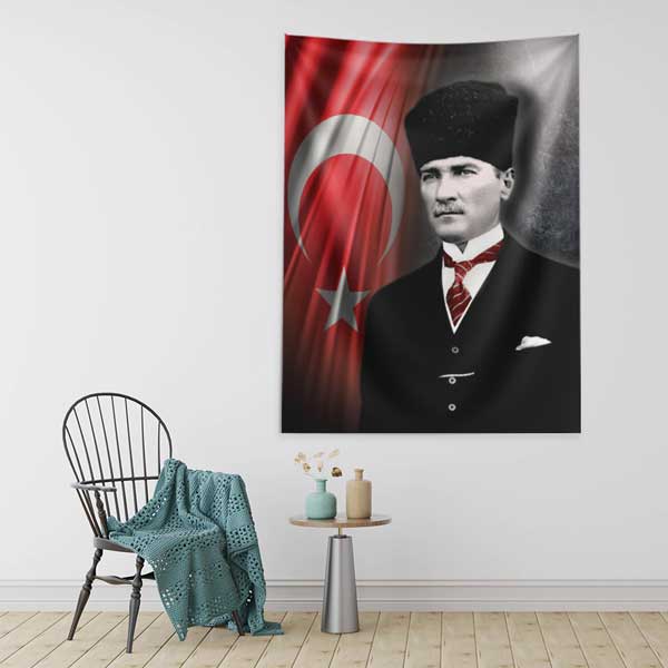 Atatürk Türk Bayraklı Portre Duvar Flaması Kumaş Baskı 14330