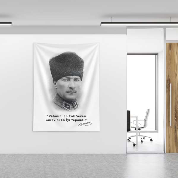 Atatürk Sözüyle Portre Duvar Flaması Kumaş Baskı 14328