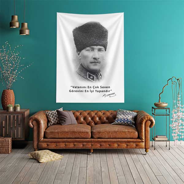 Atatürk Sözüyle Portre Duvar Flaması Kumaş Baskı 14328