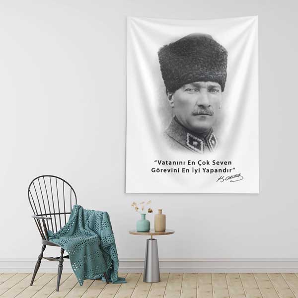 Atatürk Sözüyle Portre Duvar Flaması Kumaş Baskı 14328