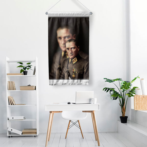 ataturk-duvar-flamasi-6233-01 Atatürk Askeri Üniformalı Duvar Flaması Kumaş Baskı 6233