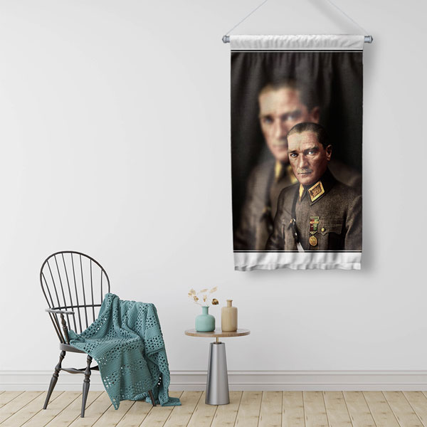 ataturk-duvar-flamasi-6233-02 Atatürk Askeri Üniformalı Duvar Flaması Kumaş Baskı 6233