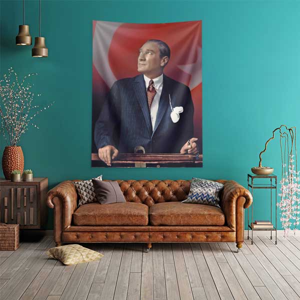 Atatürk ve Türk Bayrağı Duvar Örtüsü Kumaş Baskı 14322