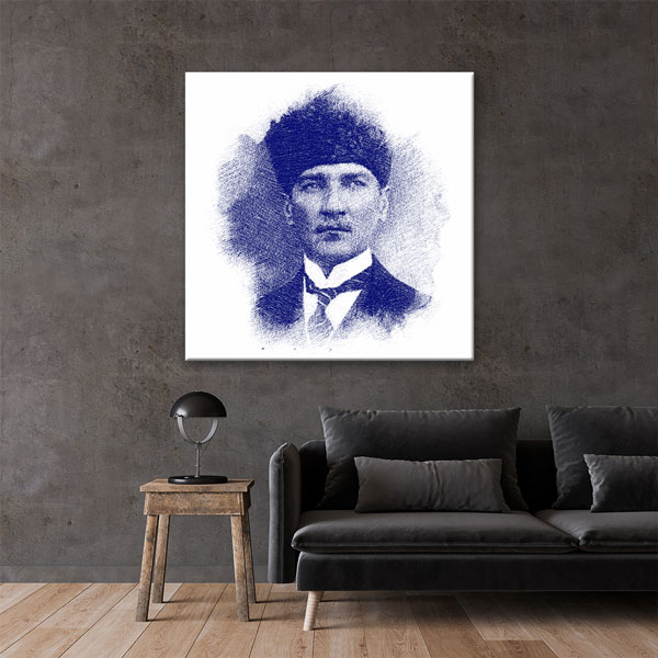 Mavi Çizim Efektli Atatürk Portre Kanvas Tablo – 6200