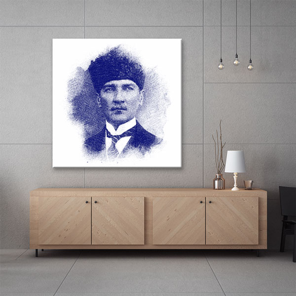 Mavi Çizim Efektli Atatürk Portre Kanvas Tablo – 6200