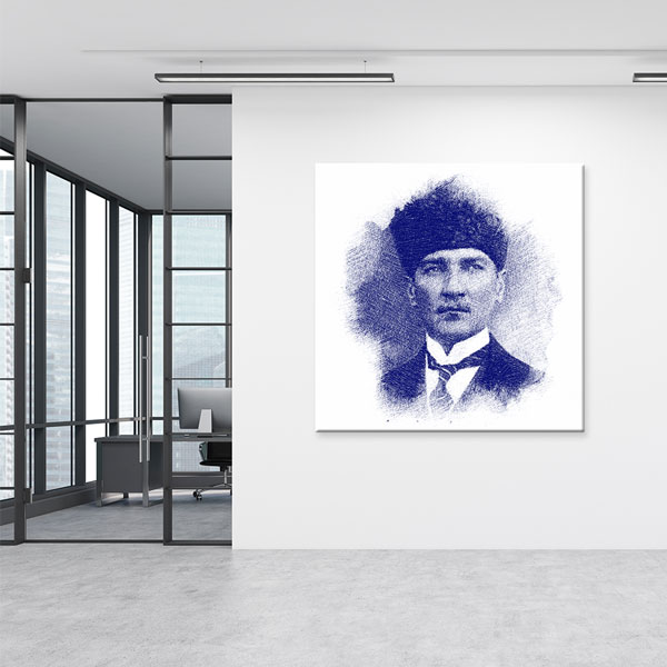 Mavi Çizim Efektli Atatürk Portre Kanvas Tablo – 6200