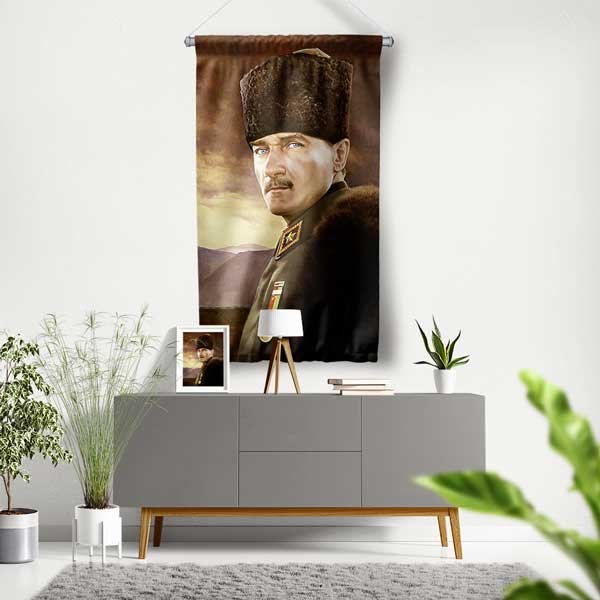 Atatürk Askeri Üniformalı Duvar Flaması Kumaş Baskı 14315