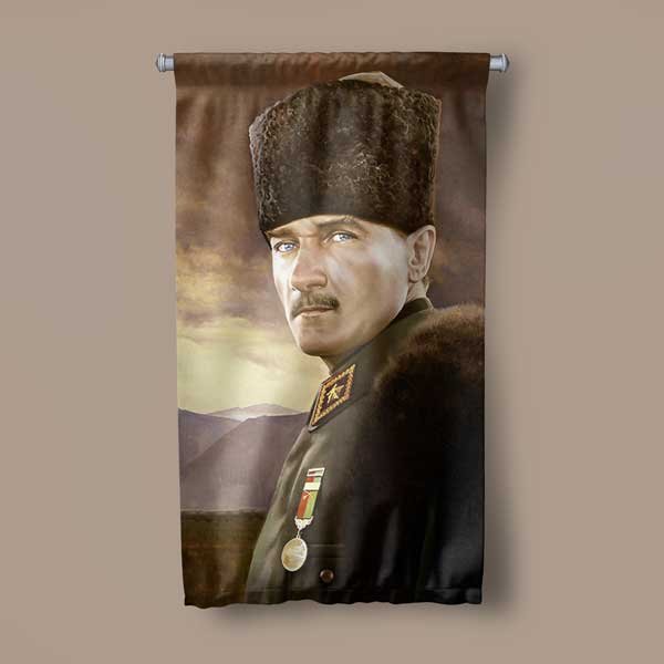 Atatürk Askeri Üniformalı Duvar Flaması Kumaş Baskı 14315