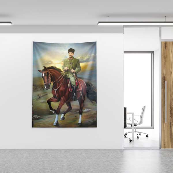 Atatürk At Üstünde Portre Duvar Örtüsü Kumaş Baskı 14327