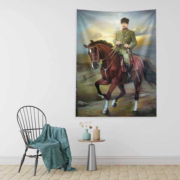 Atatürk At Üstünde Portre Duvar Örtüsü Kumaş Baskı 14327