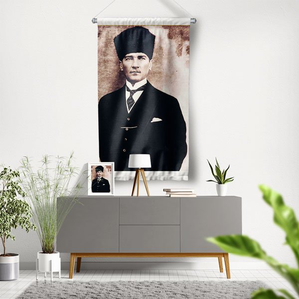 Atatürk Renkli Portre Duvar Flaması Kumaş Baskı 6228