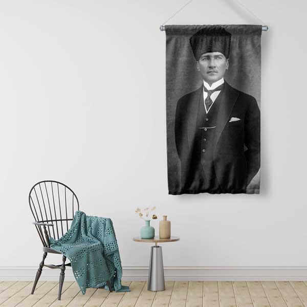 Atatürk Siyah-Beyaz Klasik Portre Duvar Flaması Kumaş Baskı 14316