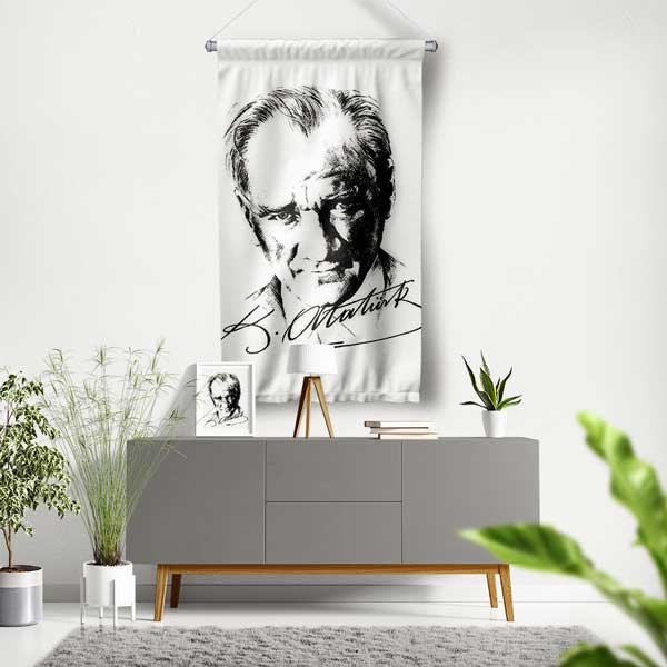 ataturk-flamasi-14321-00 Atatürk İmza Tasarımlı Duvar Flaması – Siyah Beyaz Minimal Kumaş Baskı 14321