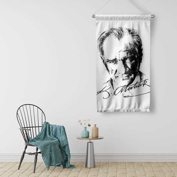 Atatürk İmza Tasarımlı Duvar Flaması – Siyah Beyaz Minimal Kumaş Baskı 14321