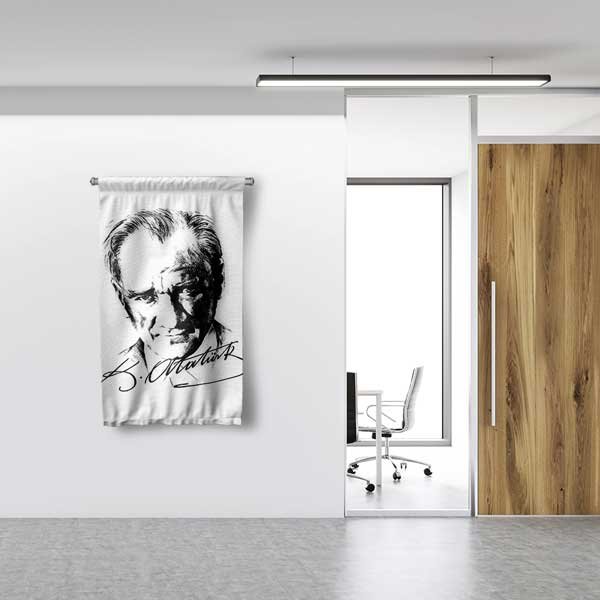 Atatürk İmza Tasarımlı Duvar Flaması – Siyah Beyaz Minimal Kumaş Baskı 14321