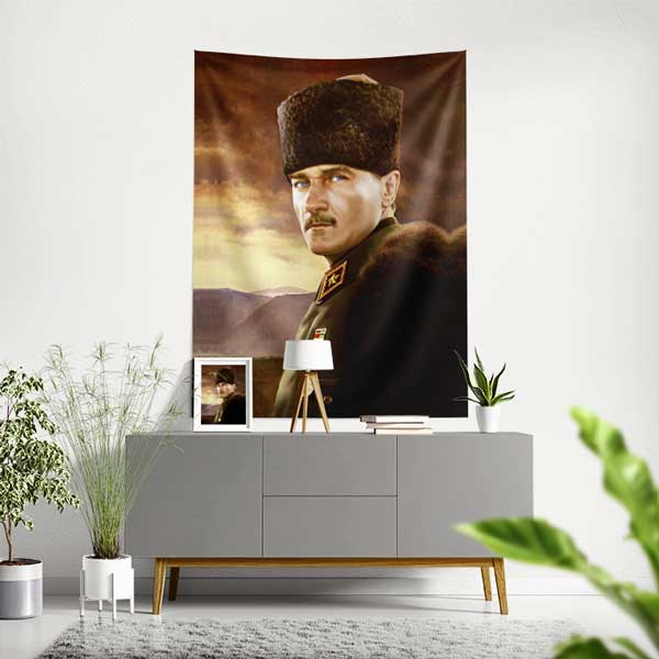 Atatürk Askeri Üniformalı Portre Duvar Örtüsü Kumaş Baskı 14324