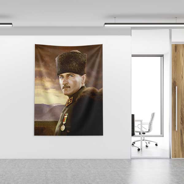 Atatürk Askeri Üniformalı Portre Duvar Örtüsü Kumaş Baskı 14324
