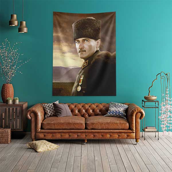 Atatürk Askeri Üniformalı Portre Duvar Örtüsü Kumaş Baskı 14324