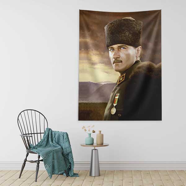 Atatürk Askeri Üniformalı Portre Duvar Örtüsü Kumaş Baskı 14324