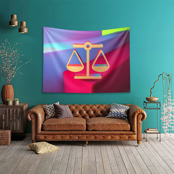 avukat-ofis-duvar-dekor-5298-01 Modern Adalet Terazisi Duvar Örtüsü – Renkli Tasarımlı Kumaş Baskı 5298