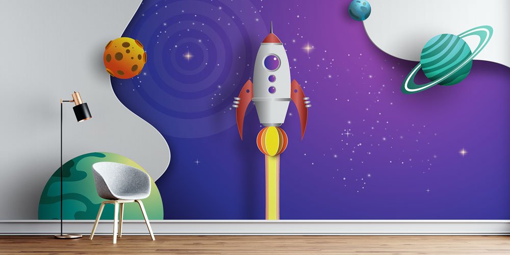 Uzay ve Roket Temalı Duvar Kağıdı - Eğitim Kurumları için Sanatsal Duvar Giydirme 8011