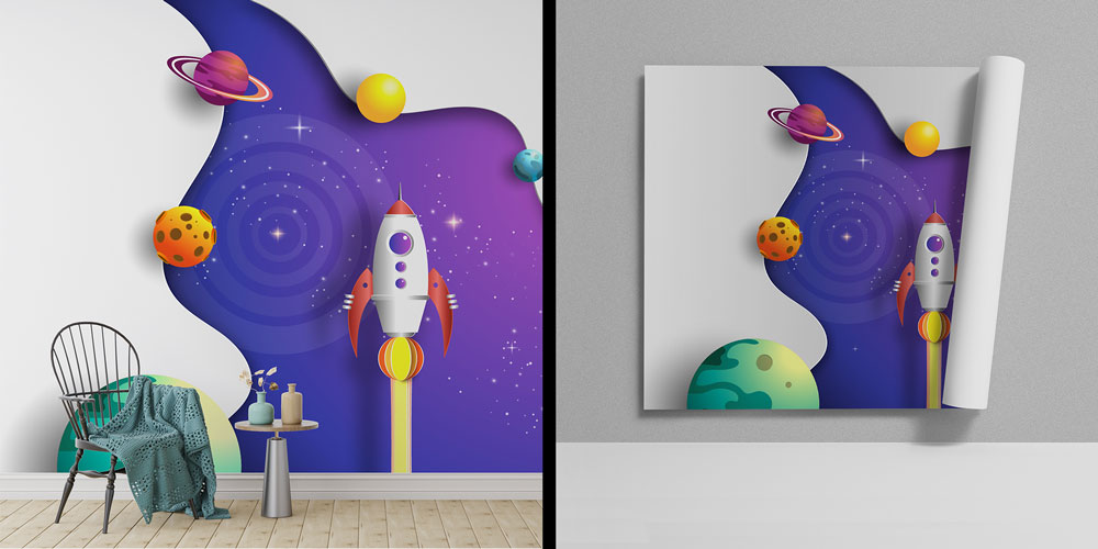 Uzay ve Roket Temalı Duvar Kağıdı - Eğitim Kurumları için Sanatsal Duvar Giydirme 8011