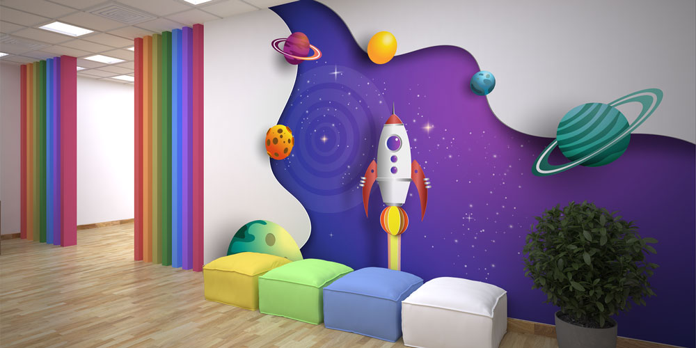 Uzay ve Roket Temalı Duvar Kağıdı - Eğitim Kurumları için Sanatsal Duvar Giydirme 8011