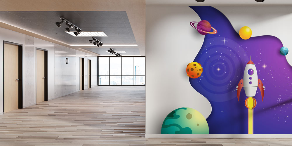 Uzay ve Roket Temalı Duvar Kağıdı - Eğitim Kurumları için Sanatsal Duvar Giydirme 8011
