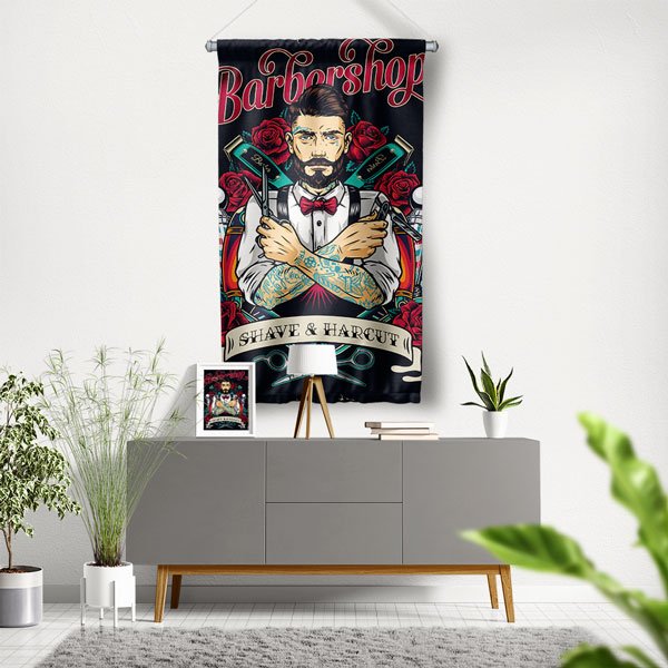 barber-shop-decor-5768-00 Vintage Berber Temalı Barbershop Duvar Flaması Kumaş Baskı 5768