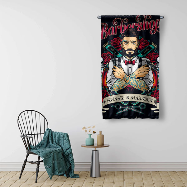 Vintage Berber Temalı Barbershop Duvar Flaması Kumaş Baskı 5768