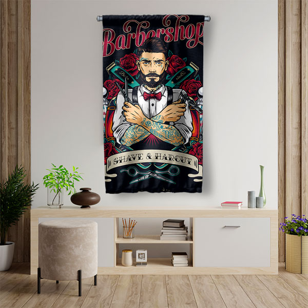 Vintage Berber Temalı Barbershop Duvar Flaması Kumaş Baskı 5768