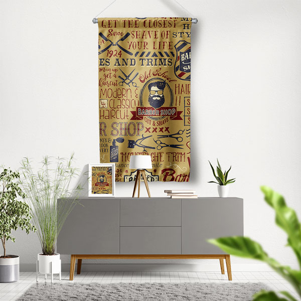 Retro Tipografi Tasarımlı Vintage Barber Shop Duvar Flaması Kumaş Baskı 5775
