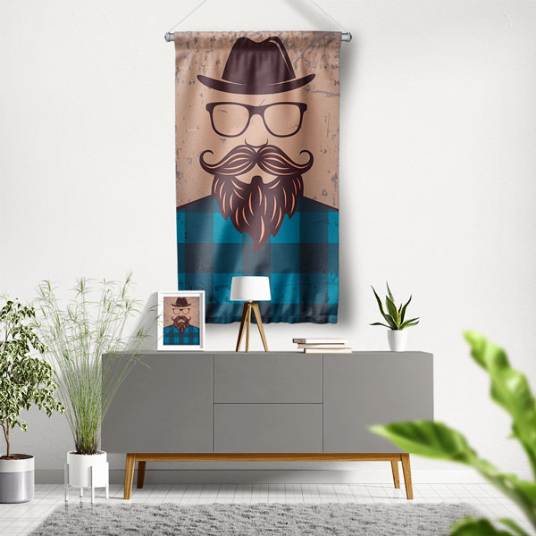 Retro Tarz Sakallı Erkek Figürlü Berber Duvar Flaması Kumaş Baskı 5770