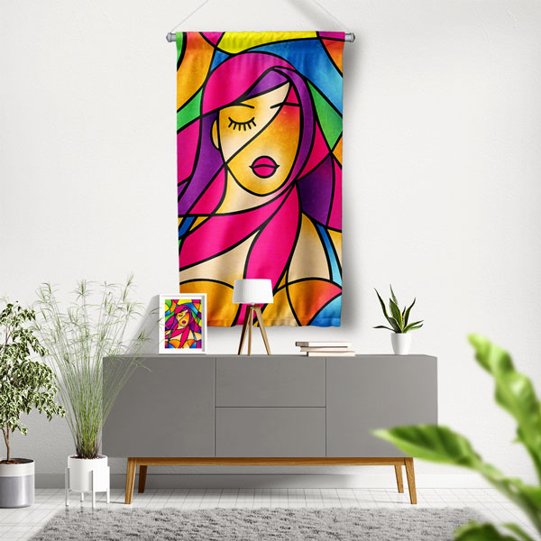 Renkli Vitray Tarzı Kadın Silüet Tasarımlı Kuaför Duvar Flaması Kumaş Baskı 5765