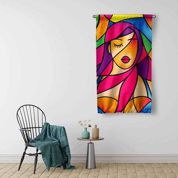 Renkli Vitray Tarzı Kadın Silüet Tasarımlı Kuaför Duvar Flaması Kumaş Baskı 5765
