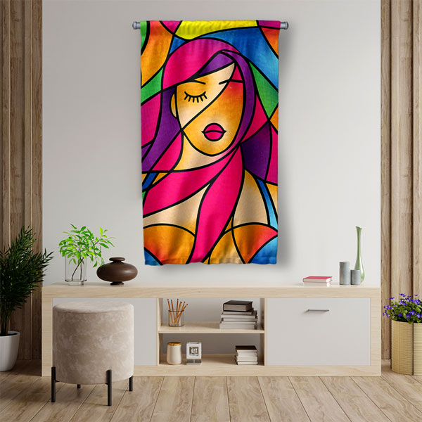 Renkli Vitray Tarzı Kadın Silüet Tasarımlı Kuaför Duvar Flaması Kumaş Baskı 5765