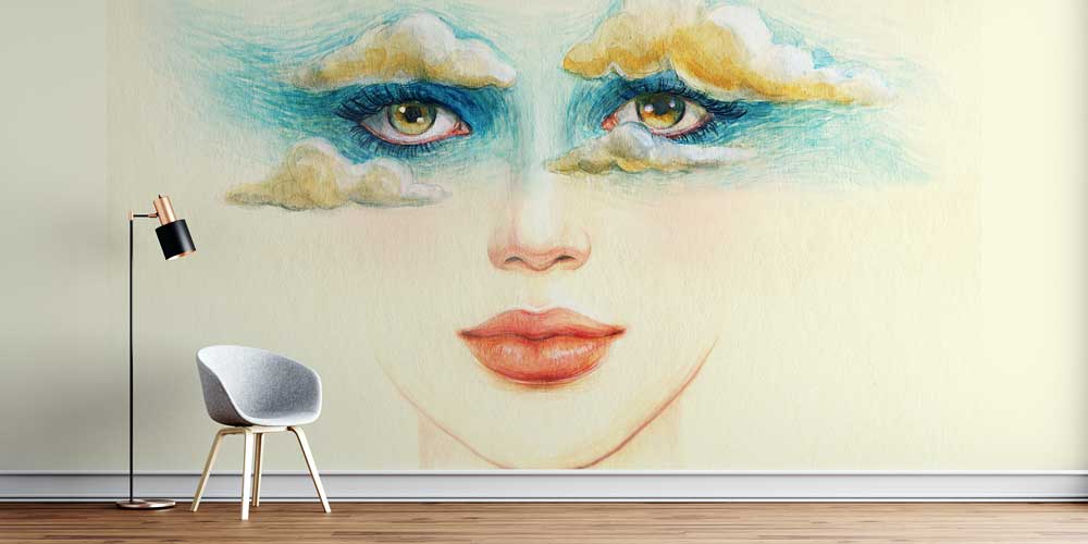beauty-shop-wall-decor-5706-0 Bulutlu Göz Makyajı Temalı Kadın Portreli Kuaför Duvar Kağıdı 5706
