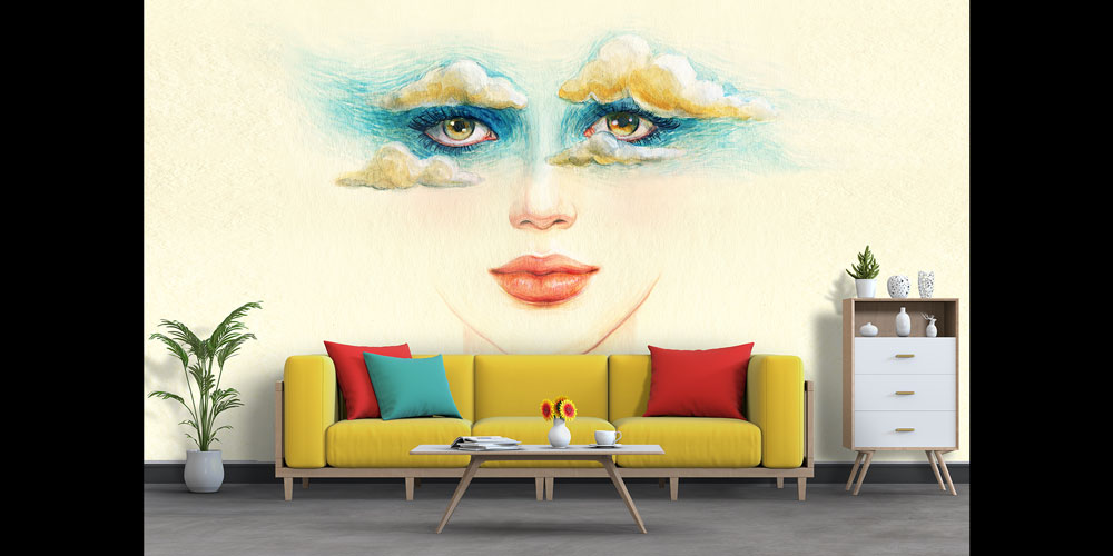 beauty-shop-wall-decor-5706-01 Bulutlu Göz Makyajı Temalı Kadın Portreli Kuaför Duvar Kağıdı 5706